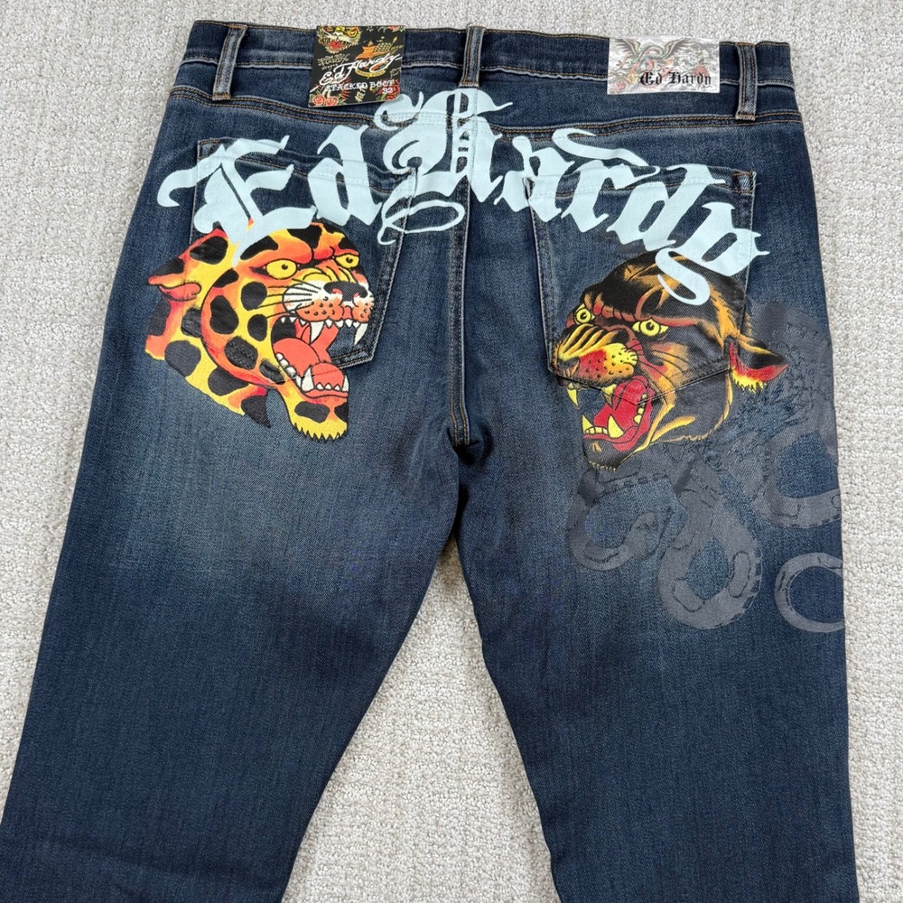 NEW Ed Hardy Mens 32x36 Med Blast Stacked Bootcut Tiger Stretch Blue Jeans